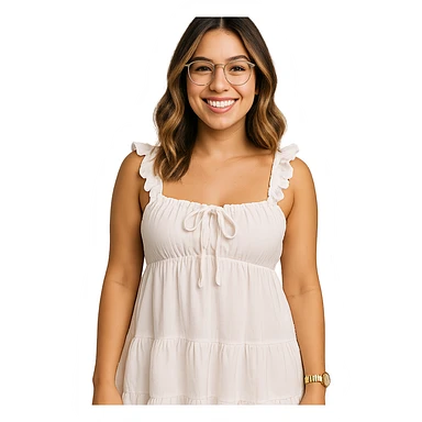 a smiling young woman with medium-length, highlighted, wavy hair, clear eyeglasses, light makeup, wearing a white, ruffled babydoll dress with tied accents and frilled straps, standing confidently with one arm relaxed, white nail polish, gold wristwatch, figure isolated on white, background removed sticker