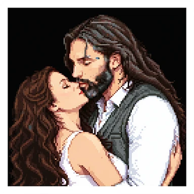 pixel art of a white woman with long wavy dark brown hair kissing a white man with long hair and black beard, simple background sticker
