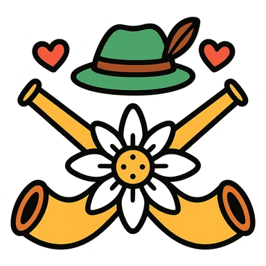 two crossed alpine horns behind an edelweiss, with small red hearts and a Tyrolean hat, colorful icon style, kitsch and festive atmosphere sticker