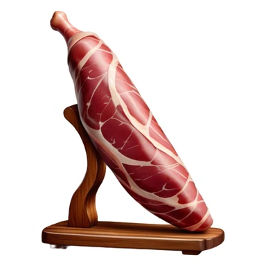 ​Cinematic Realistic Spanish Jamón Leg, depicted as a massive, cured leg of Jamón serrano (ham) with a deep reddish-brown hue, intricately marbled and slightly glossy with age, elegantly displayed on a rustic wooden stand and bathed in warm, soft lighting that accentuates its artisanal heritage, sticker