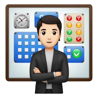 silhouette of a light-haired man standing next to a project board sticker