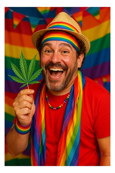 A flamboyant, joyful man with rainbow accessories, holding a cannabis leaf, expressive and proud, vibrant colors, LGBTQ+ pride theme sticker