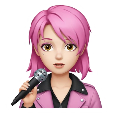 simple emoji of Jem from Jem and the Holograms, classic pink hair, holding a microphone sticker