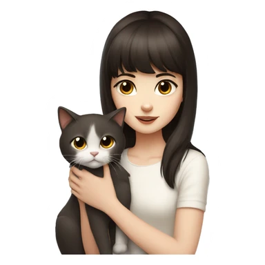 A pale girl with dark brown hair and dark brown eyes and bangs holds a white cat in her hands and looks at cat sticker