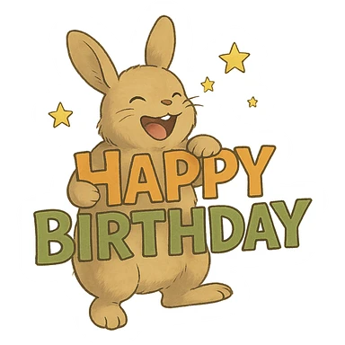 full-body laughing bunny hugging "Happy Birthday" letters with stars, soft Ghibli style sticker