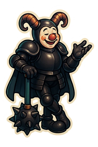 A relaxed armored clown with ram horns, glossy black on matte black armor, short cape, large black clown shoes, leaning on his oversized spiked mace with one hand, the other hand gesturing as if telling a story, eyes barely open, jovial expression, vibrant retro stickers style, no yellow aged tint, full body, transparent background sticker