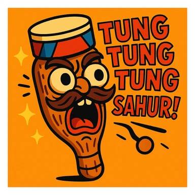 wooden club-shaped emoji character yelling 'TUNG TUNG TUNG SAHUR!', bug eyes, carved face, wild mustache, drum hat, chaotic brainrot energy, sparkles, vibrant energetic style sticker