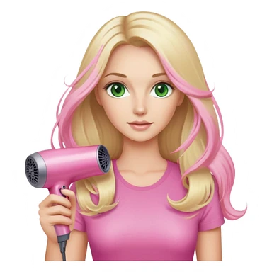blonde with long hair, green eyes, holding pink Dyson hair dryer sticker