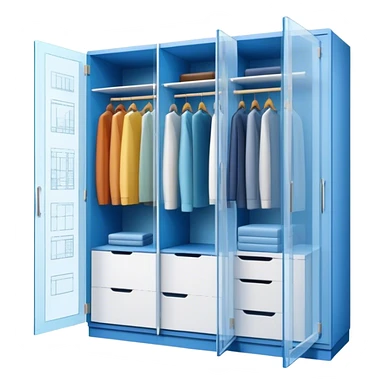 Icon for Furniture Design: a semi-transparent 3D wardrobe on top of a blueprint, with design metrics and measurements around it. The icon should represent the design and development process of furniture. Transparent background. sticker