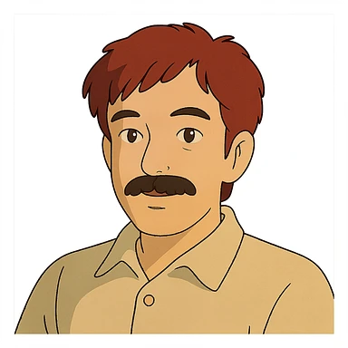Asian man with black mustache and red hair, ghibli style sticker