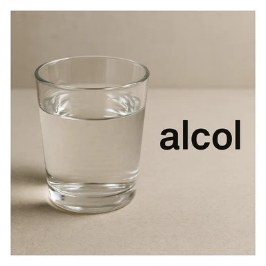 photo realistic glass with transparent liquid and the word 'alcol' in Italian next to it sticker