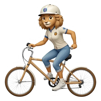 confident anthropomorphised female lion wearing a baseball shirt, jeans, trainers, and a cycling helmet, riding a bicycle sticker