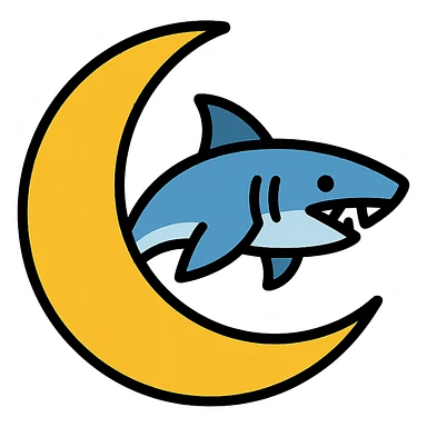 moon with a shark icon in lineal color with black outlines sticker