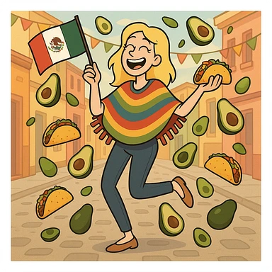 playful cartoon of a tall blonde woman, colorful poncho, smiling, holding taco and avocado, waving Mexico flag, dancing in the street, surrounded by tacos and avocados, street party scene sticker