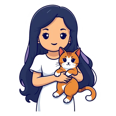 A beautiful girl with long black hair wearing a white dress holds an Abyssinian cat in her arms sticker