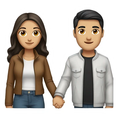a couple holding hands. the guy has black middle part hair and is Persian and Filipino mix, wearing a jacket. the girl has brown hair white and asian mix, wearing a crop top. sticker