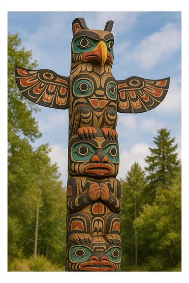 A detailed image of a traditional Pacific Northwest Native American totem pole carved from a tall wooden log. The pole features intricate woodcarvings of stacked animal figures, with a prominent eagle at the top symbolizing strength and spirituality. Bold tribal patterns with geometric and organic motifs are painted in vibrant red, black, white, and blue. The design reflects indigenous artistry, with stylized animal features such as curved beaks and large eyes, and ornamental details. The totem pole stands as a cultural monument, embodying tribal heritage, ancestral legacy, and spiritual symbolism, set against a natural background to highlight its connection to nature and Totemism. sticker