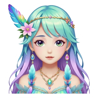 Beautiful gorgeous anime lady with beautiful iridescent-special-hair, fashion aesthetic, ethereal, fairycore, pastelcore, feather, flower, gems, accessories, jewelries, gold, colorful sticker