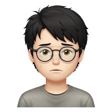 
young boy, 16 years old, messy black hair, glasses, sad face emoji sticker