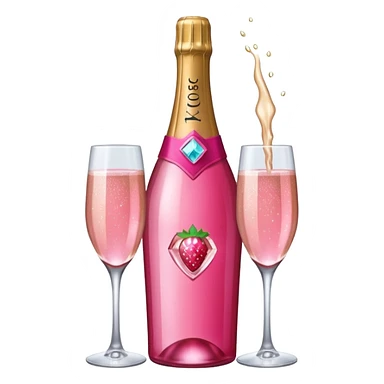 Realistic sparkling diamond glam hot pink champagne bottle with hot pink champagne in glass with strawberry ì> sticker
