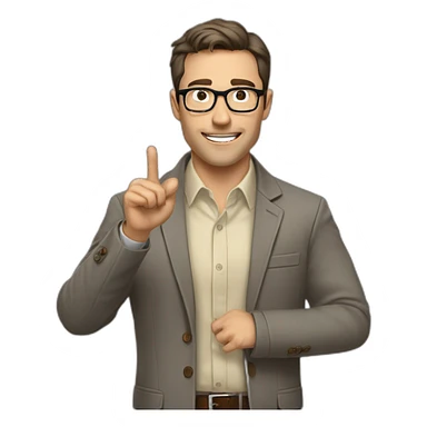 To belt Actively gesturing with hands Pale skinned fit man with dark brown hair in gray jacket, beige office shirt, brown tie, brown pants and vintage glasses. sticker