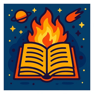 fun event icon featuring a book and fire, with a space theme, vibrant colors, playful style sticker