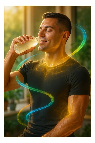 Athletic man around 30 years old, early morning, drinking a transparent electrolyte-rich beverage from a bottle. Body illuminated by natural golden light, with a light energetic aura around muscles symbolizing regeneration and recovery. Relaxed and vital expression, hydrated and glowing skin. Around him, light and colorful flows (blue, green, orange) represent electrolyte balance: sodium, potassium, magnesium. Natural environment or modern minimalist kitchen. Positive, clean, and invigorating atmosphere. Vertical 9:16 format. Inspired by the face in the reference photo. sticker