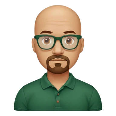 muscular bald man with a red chin goatee, wearing a dark green polo shirt and dark green glasses sticker