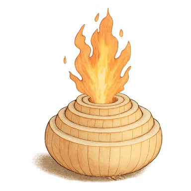 ghibli style illustration of a sliced onion volcano with fire erupting from the top sticker
