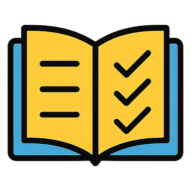 quiz icon, open book with checkmarks, colorful outline style sticker