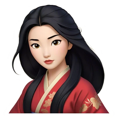 Cinematic Realistic Mulan Portrait, depicted with lifelike skin texture, soft natural lighting, and intricately detailed long black hair styled elegantly. Her deep, expressive eyes exude determination and grace, complemented by a serene yet confident expression. She is dressed in her classic attire, with rich fabric textures and delicate folds that catch the light beautifully. The portrait features a soft, enchanting glow with a natural, radiant finish, capturing the essence of timeless strength and beauty in a realistic and painterly style, evoking a sense of depth and authenticity. sticker