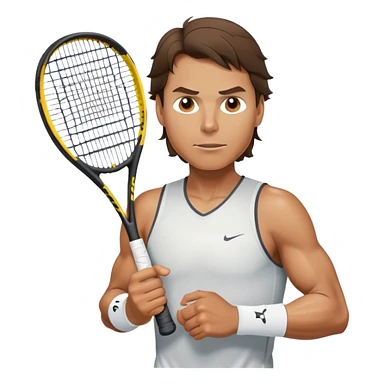 Rafael Nadal, chest high, holding a racket sticker