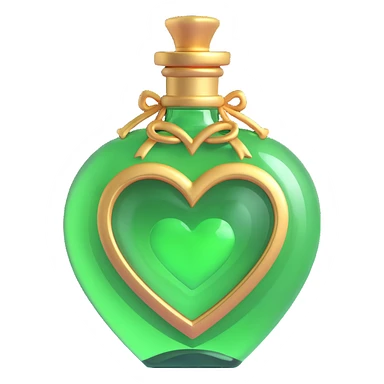 magical heart-shaped bottle, main color #c0ff53 green, with golden details and ornaments, very decorative, 3D effect, stylish and luxurious sticker