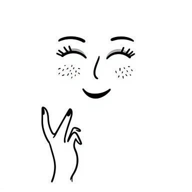 A hand-drawn face with closed smiling eyes with eyelashes, pursed lips wearing lipstick, and a hand with painted nails where only the thumb is out sticker