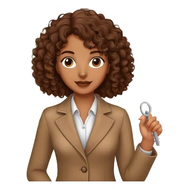 brown lady with medium brown mid length curly hair in real estate job with house sticker