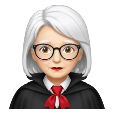 An older woman with glasses and white hair, in a red tie and black cape sticker