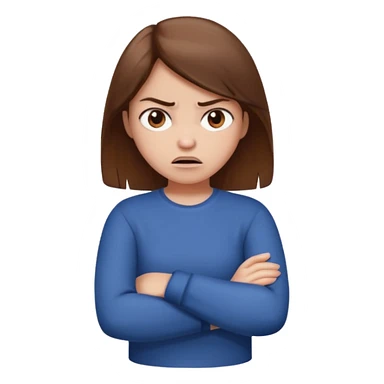 Girl with brown hair crossing arms in front of her chest and making an angry face sticker