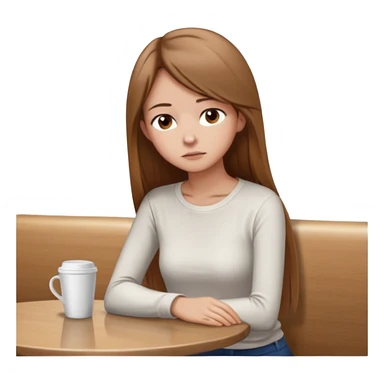 Cartoon emoji of a girl with long, straight light brown hair, fair skin, brown eyes. Wearing a white top and simple pants. Sitting alone at a café table, shoulders slightly hunched, head slightly down, looking unsure and thoughtful sticker