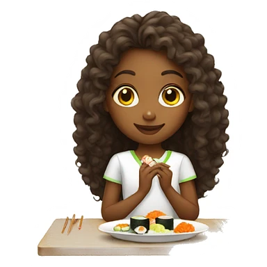 An ethiopian girl with long curly hair eating sushi sticker