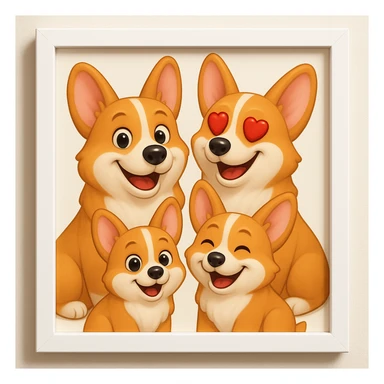 Make the lines and style of the corgi family photo match the 3D emoji look and line quality of the reference image, with smooth, soft shading and a playful, expressive feel. Keep the family photo in a modern white frame. The style should resemble the 3D emoji style with smooth and soft shading, playful and expressive. sticker