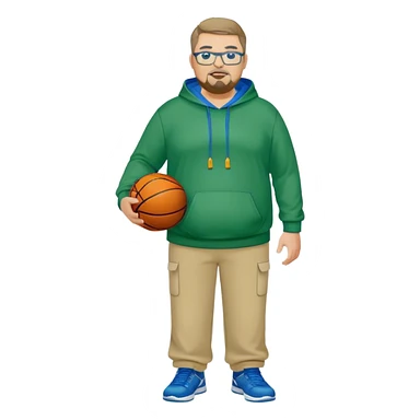full body white obese male basketball coach with trophy. Goatee , Wearing glasses and blue and green hoodie and khaki pants sticker