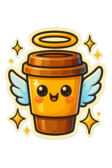 Tall coffee cup, shiney eyes, angel halo, wings, star sparkles sticker