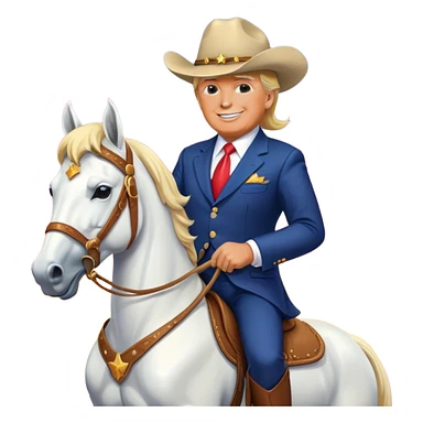 Donald Trump riding a majestic white horse, wearing a cowboy hat and a suit, with a confident smile, set against a vibrant sunset background, in a simple and bold emoji style. sticker