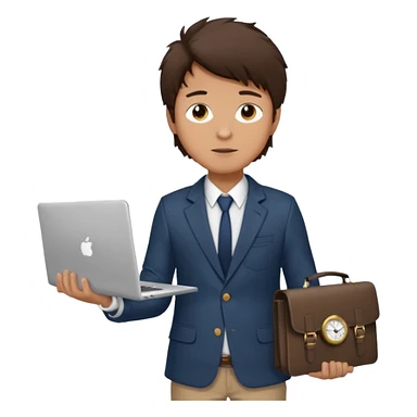 a tan boy with messy dark brown hair. Wearing a blazer and carrying a lapotop. watch on wrist sticker
