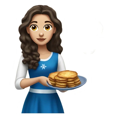 White girl in a dress for Hanukkah with long dark brown hair holding latkes sticker