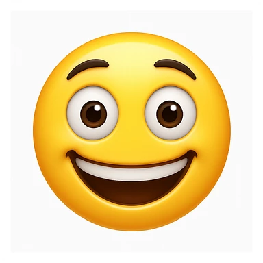 Create a yellow smiley face emoji with a similar facial expression to the reference image. It should have wide eyes, raised eyebrows, a big smile, and a shiny, smooth appearance. The style should resemble the iOS emoji style. sticker