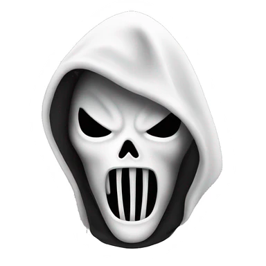 “Apple emoji of Ghostface: white mask with a screaming expression, dark eyes, and a black hooded cloak.” sticker
