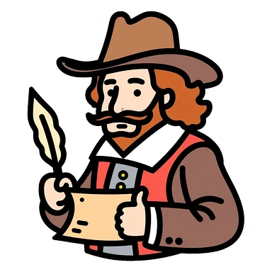 Shakespeare in a cowboy outfit with a scroll and quill sticker