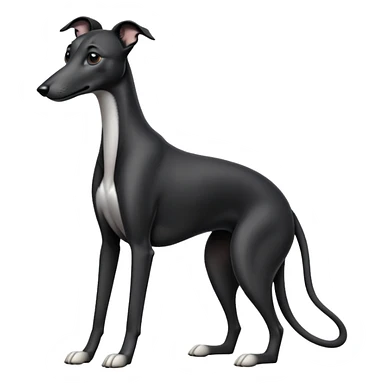 cinematic-[black greyhound]-realistic-full-body-sitting-emoji,-tail-resting-loosely-beside-its-paws,-head-tilted-dramatically, ears drooped, -sleek-[black]-fur,-simplified-yet-realistic-focused-features,-highly-detailed,-glowing-with-an-almost-sarcastic-glow sticker