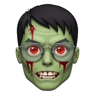 homem zumbi de óculos cabelo preto com muita olheira deixar pele dele verde dentes brancos e olhos vermelhos e ensanguentados deixar óculos quadrado e preto e olhos cheio de veias vermelhas e encher o rosto de piercings colocar piercing em todo rosto sticker